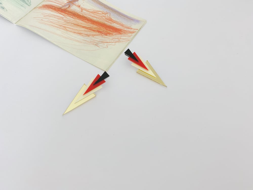 gold cream black red triangle earrings