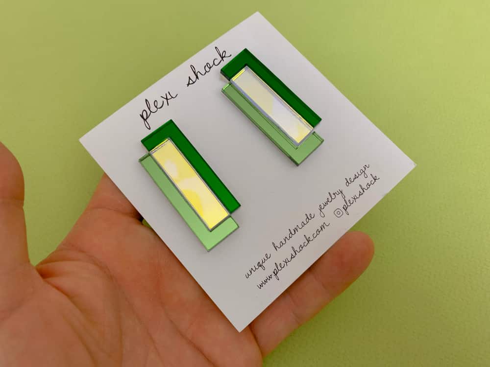 green acrylic iridescent mirror earrings