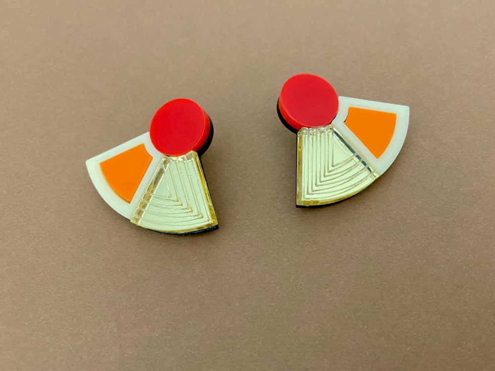orange art deco fan earrings