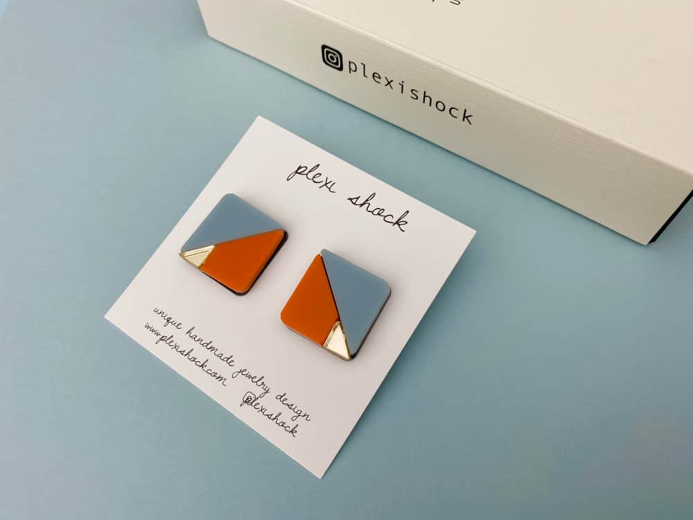 blue orange gold geometric square plexiglass earrings