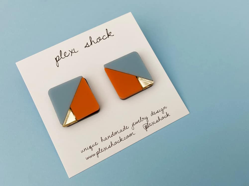 orange blue square geometric earrings